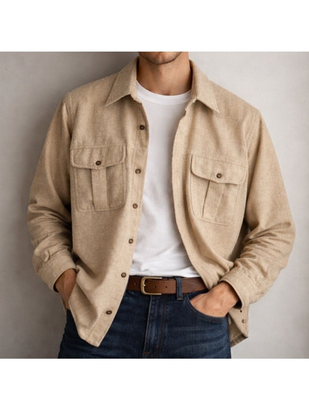 Vtg Yves Saint Laurent Wool Blend Shirt Mens S Beige Shacket Utility Safari EUC